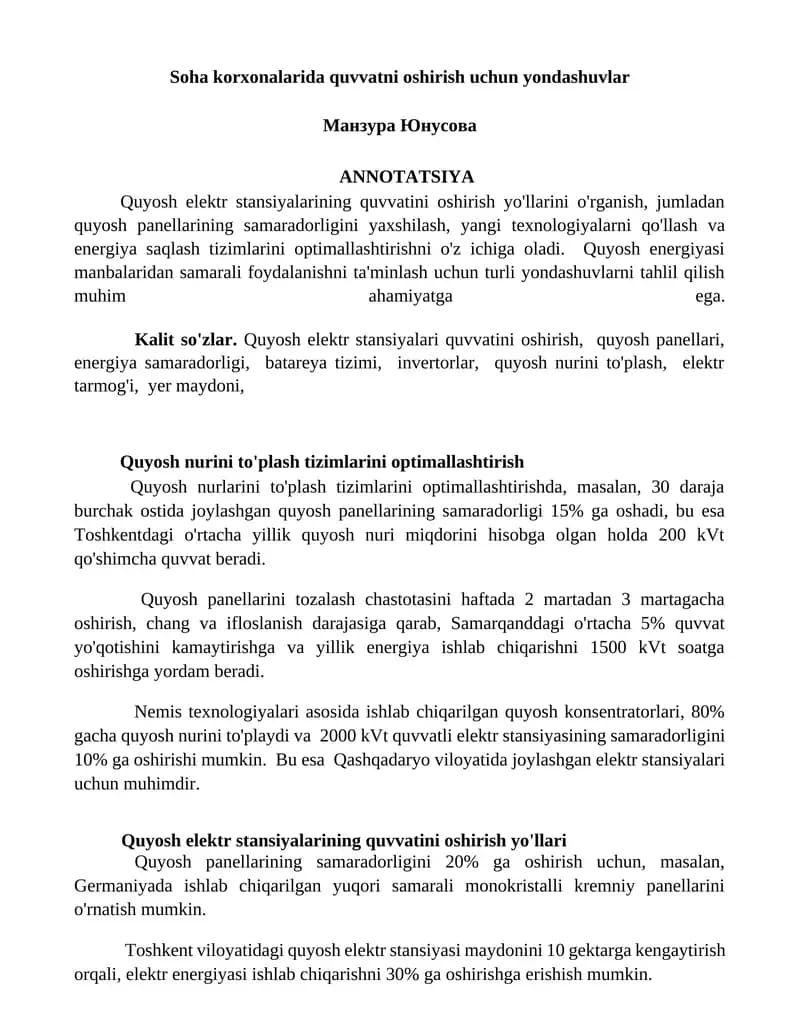 Quyosh elektr stansiyalarining quvvatini oshirish yo'llari