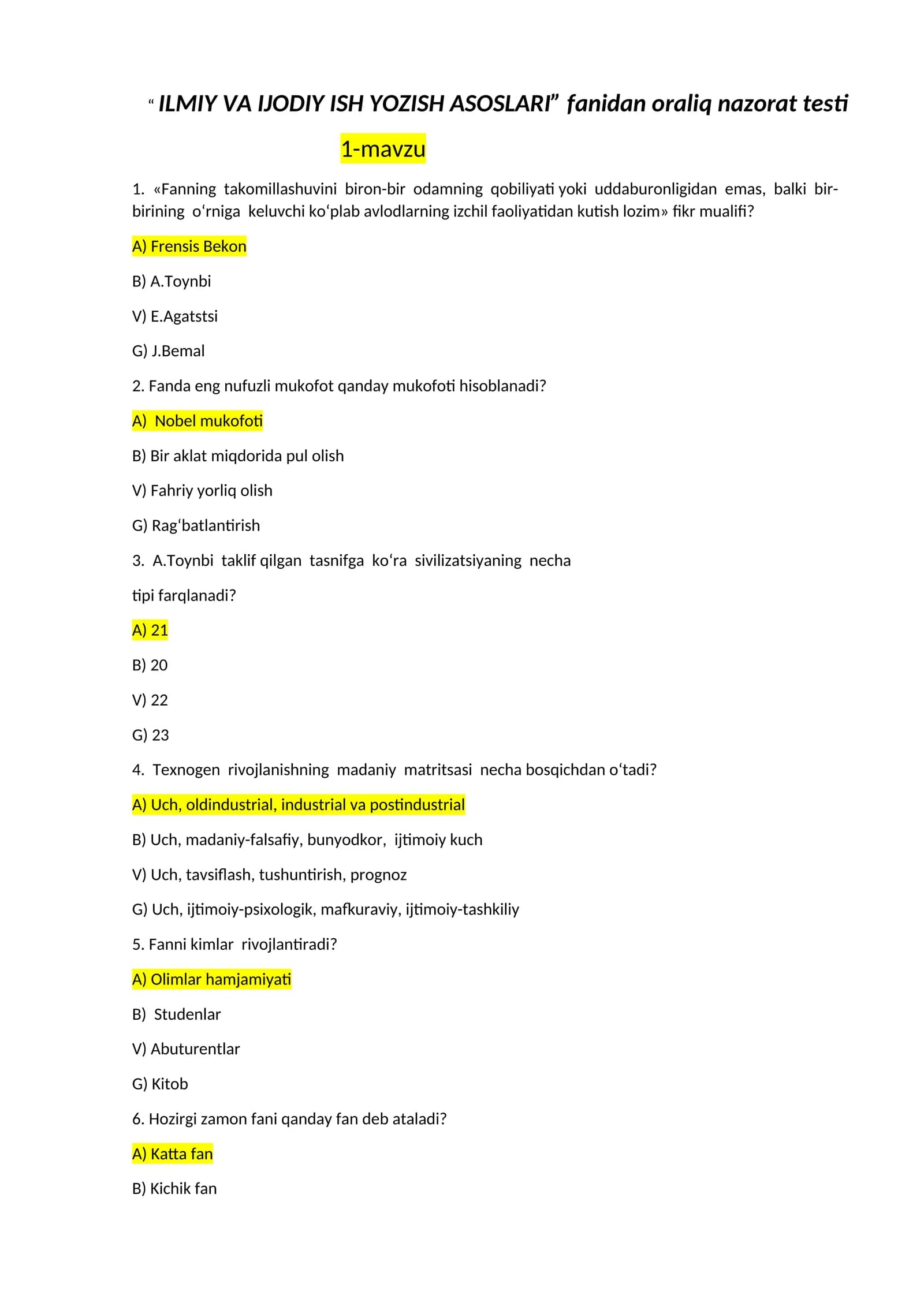 ILMIY VA IJODIY ISH YOZISH ASOSLARI fanidan oraliq nazorat testi