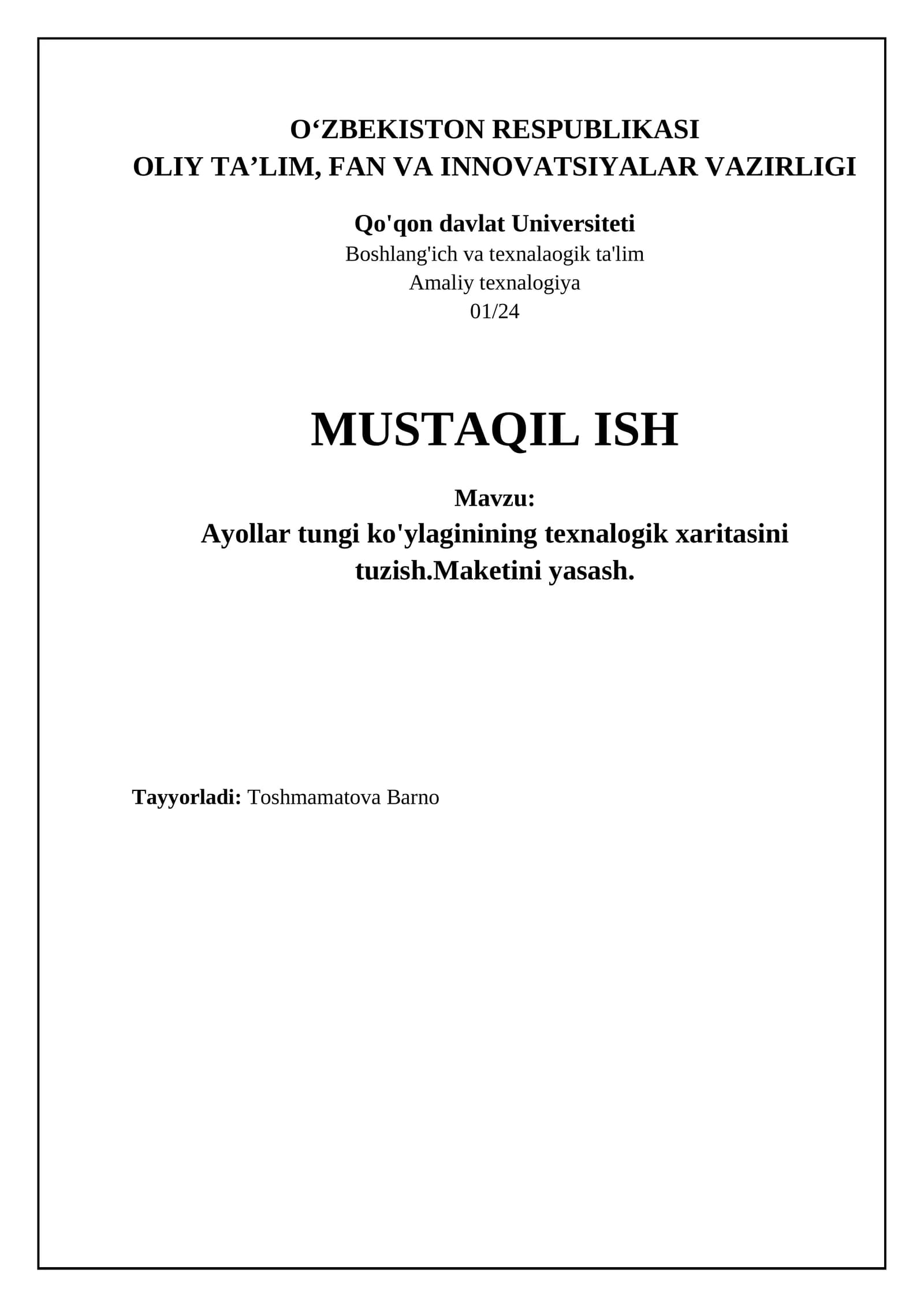 Ayollar tungi ko'ylagi texnologik xaritasi va maketi
