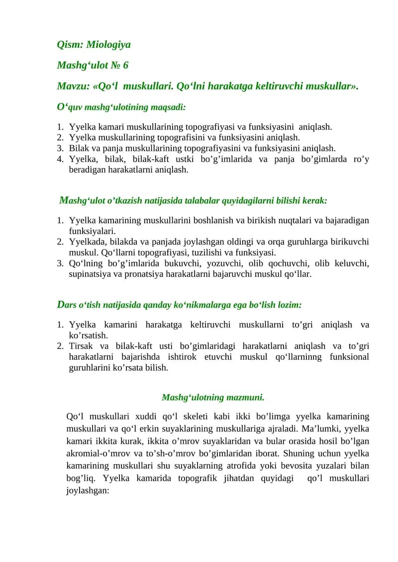 Miologiya Mashg‘ulot № 6