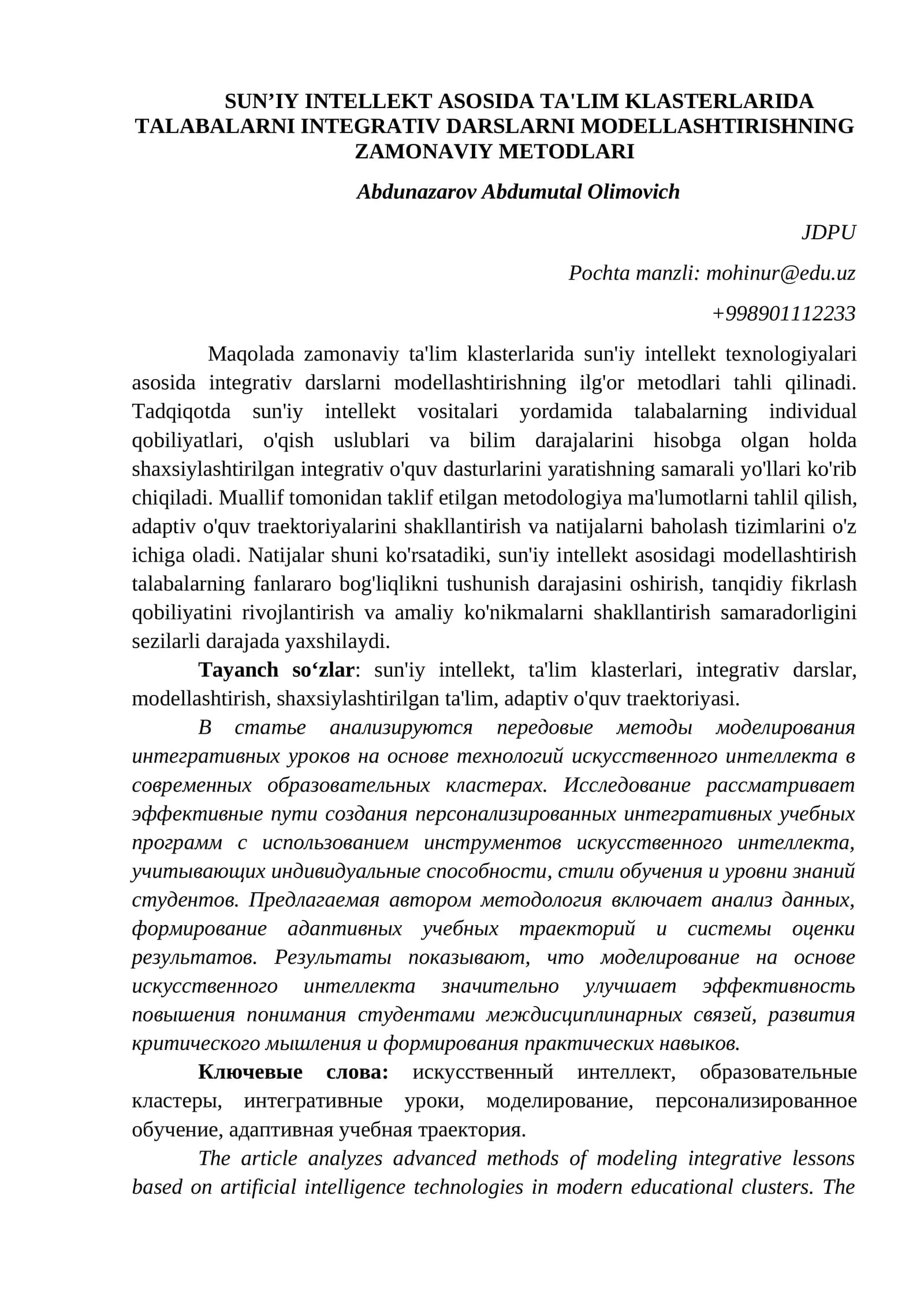 SUN’IY INTELLEKT ASOSIDA TA'LIM KLASTERLARIDA TALABALARNI INTEGRATIV DARSLARNI MODELLASHTIRISHNING ZAMONAVIY METODLARI