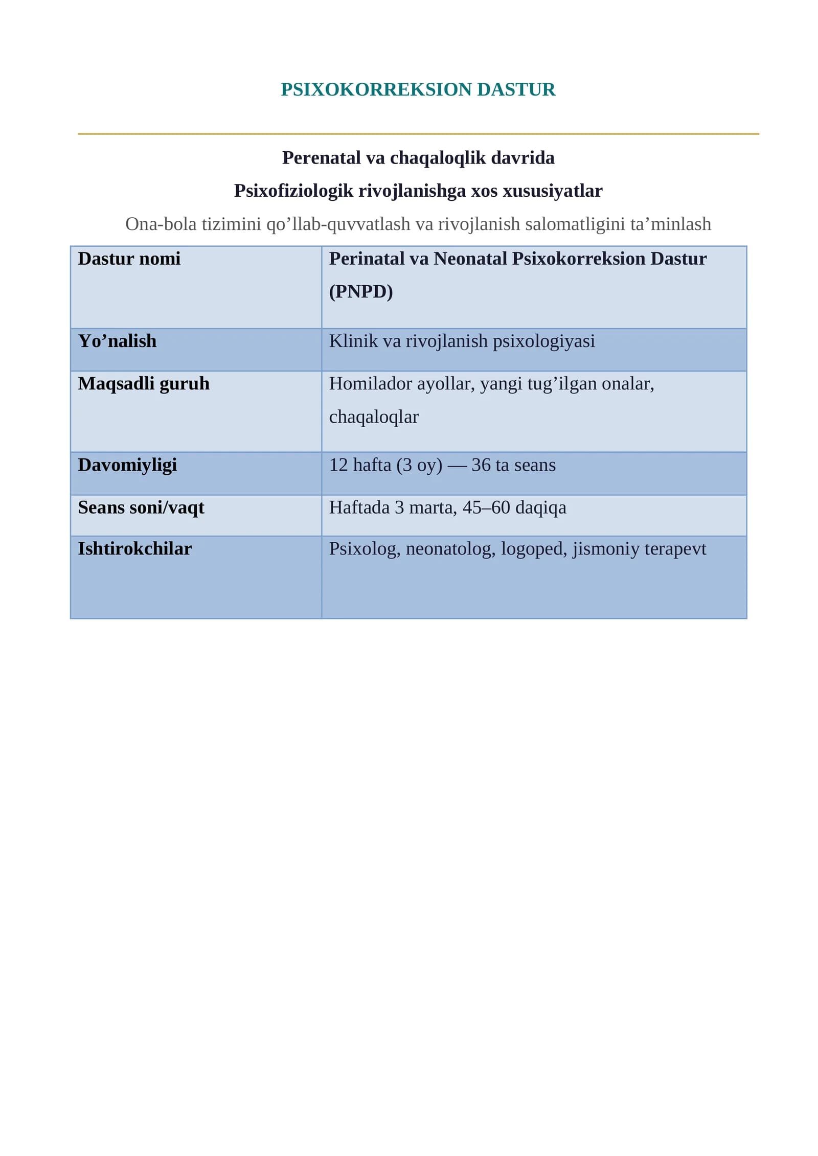 Perinatal va Neonatal Psixokorreksion Dastur (PNPD)