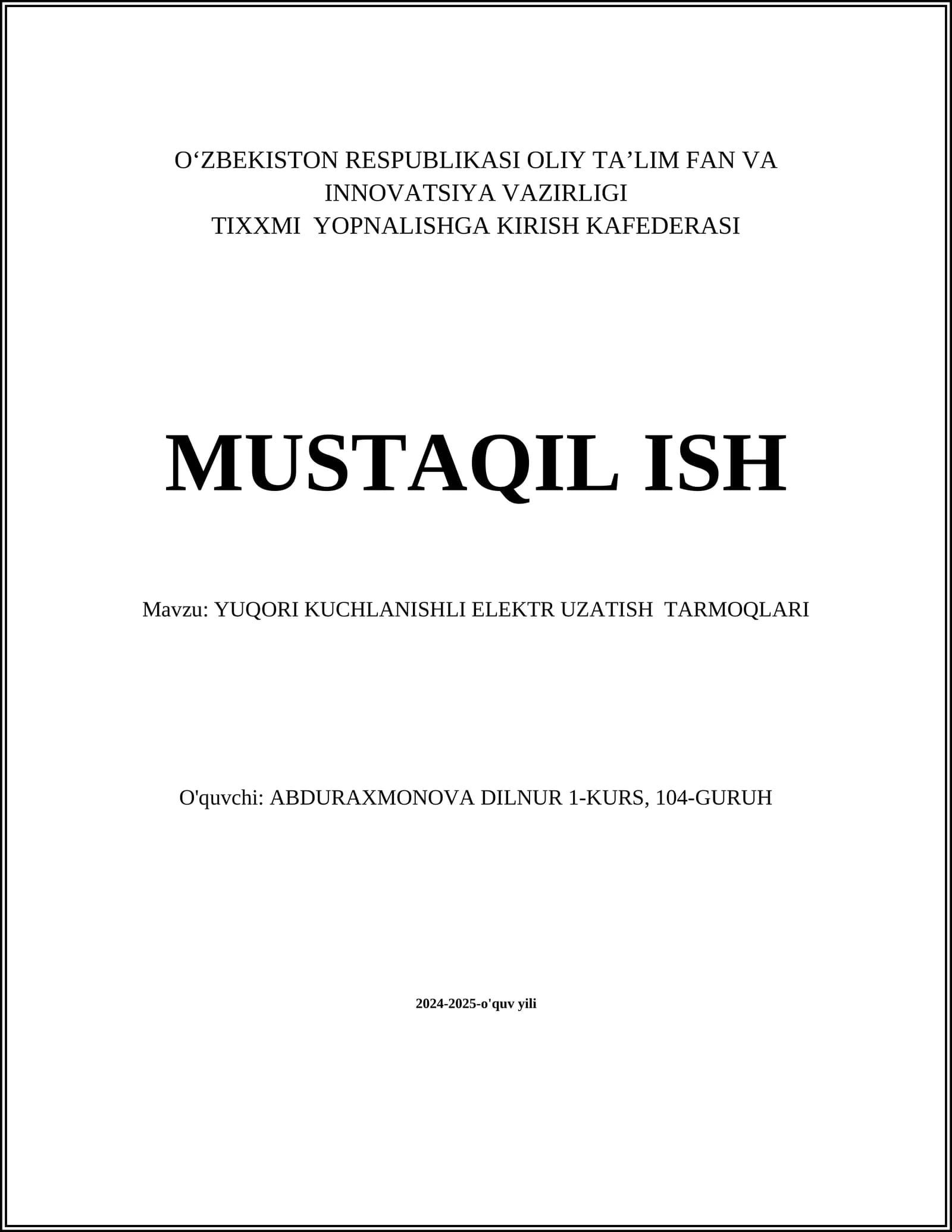 YUQORI KUCHLANISHLI ELEKTR UZATISH TARMOQLARI