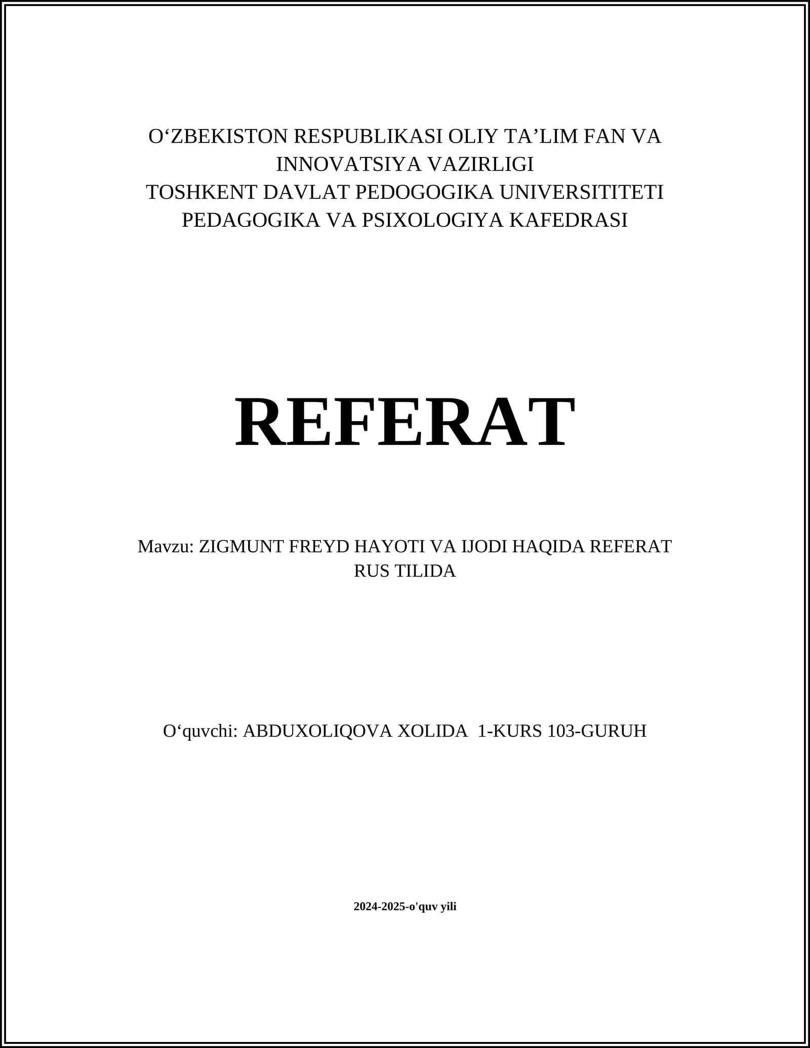 ZIGMUNT FREYD HAYOTI VA IJODI HAQIDA REFERAT RUS TILIDA