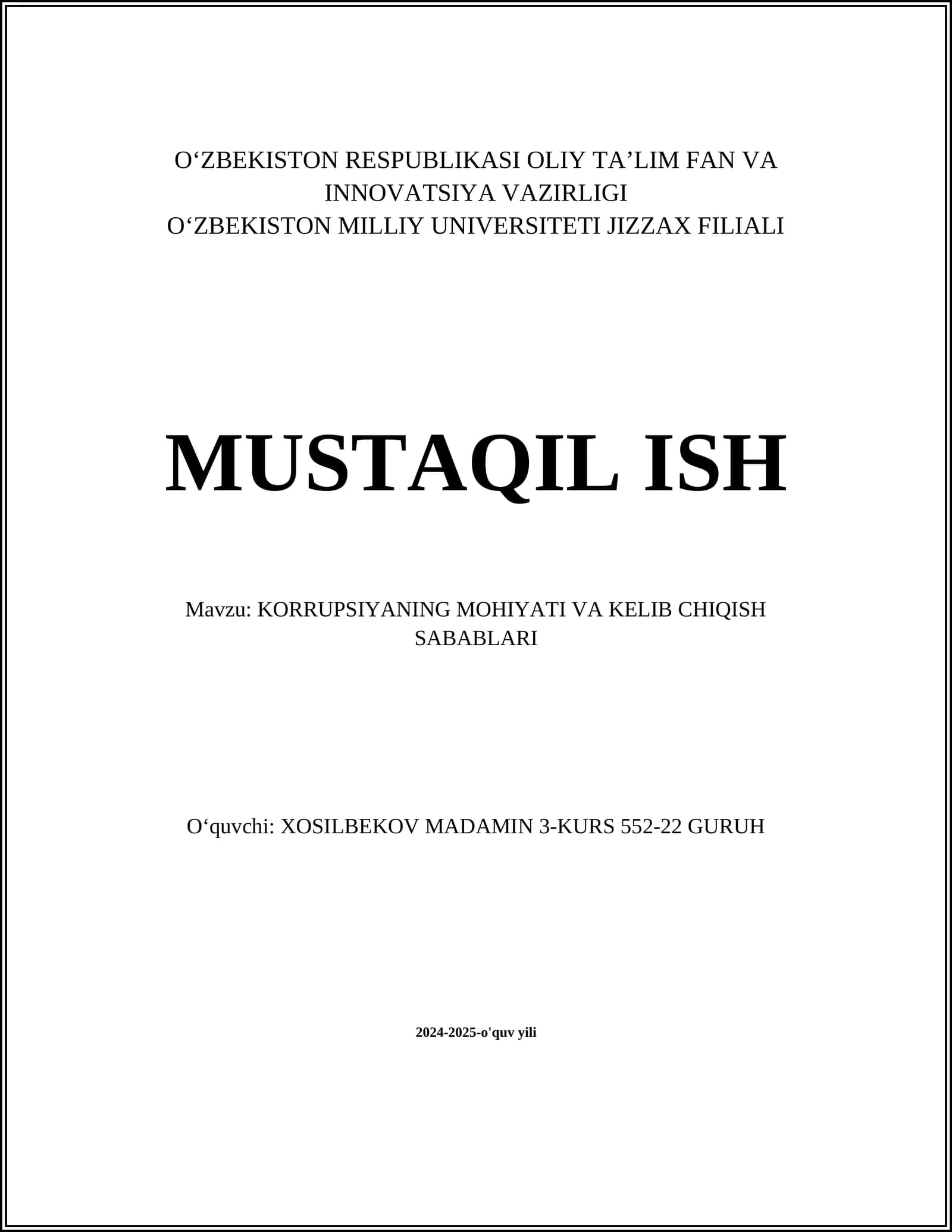 KORRUPSIYANING MOHIYATI VA KELIB CHIQISH SABABLARI