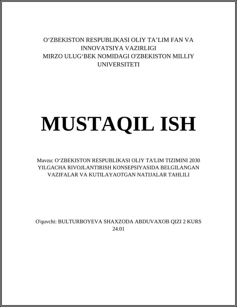 Oliy Ta'lim Tizimini 2030 Yilgacha Rivojlantirish Konsepsiyasi