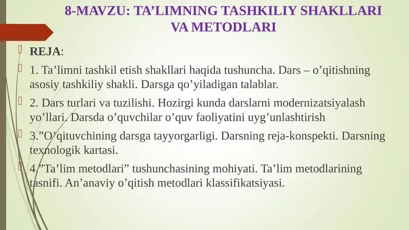 TA’LIMNING TASHKILIY SHAKLLARI VA METODLARI