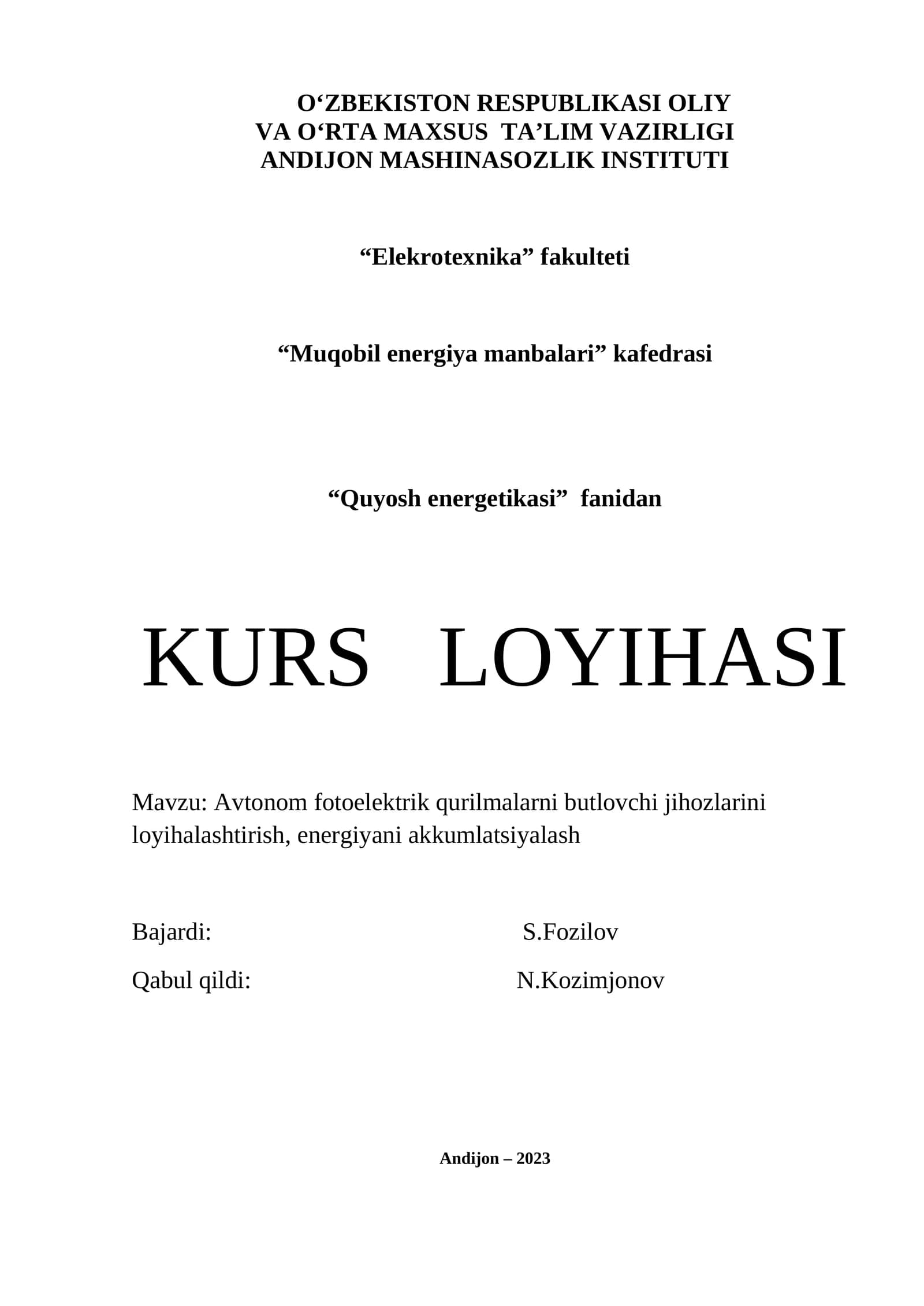 Avtonom fotoelektrik qurilmalarni butlovchi jihozlarini loyihalashtirish