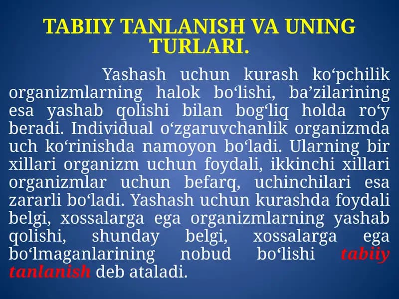 TABIIY TANLANISH VA UNING TURLARI