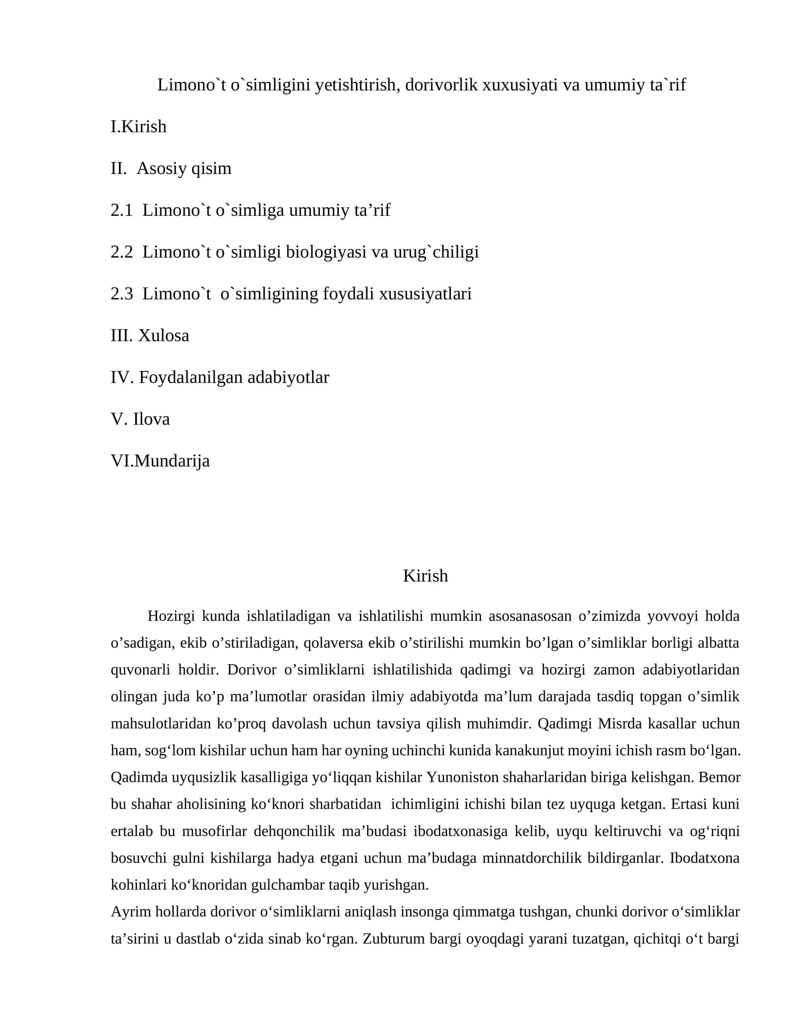 Limono`t o`simligini yetishtirish, dorivorlik xuxusiyati va umumiy ta`rif