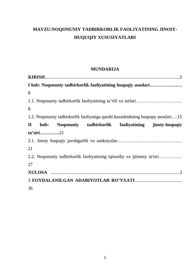 Noqonuniy Tadbirkorlik Faoliyatining Jinoiy-Huquqiy Xususiyatlari