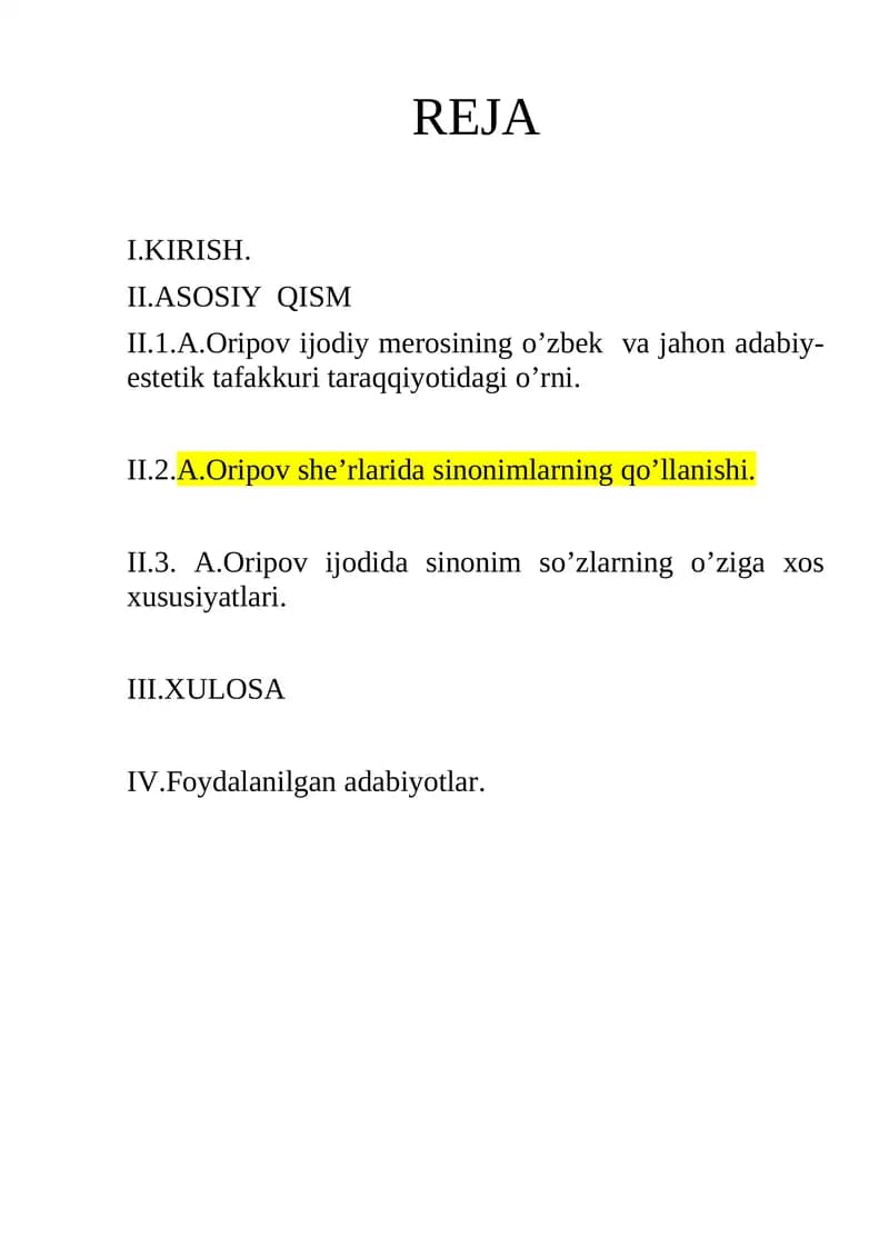 Abdulla Oripov she`rlarida sinonimlarning qo’llanishi