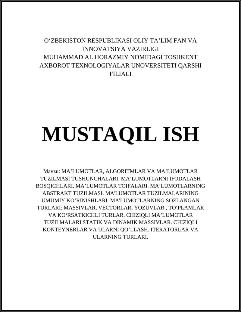 MA’LUMOTLAR, ALGORITMLAR VA MA’LUMOTLAR TUZILMASI TUSHUNCHALARI