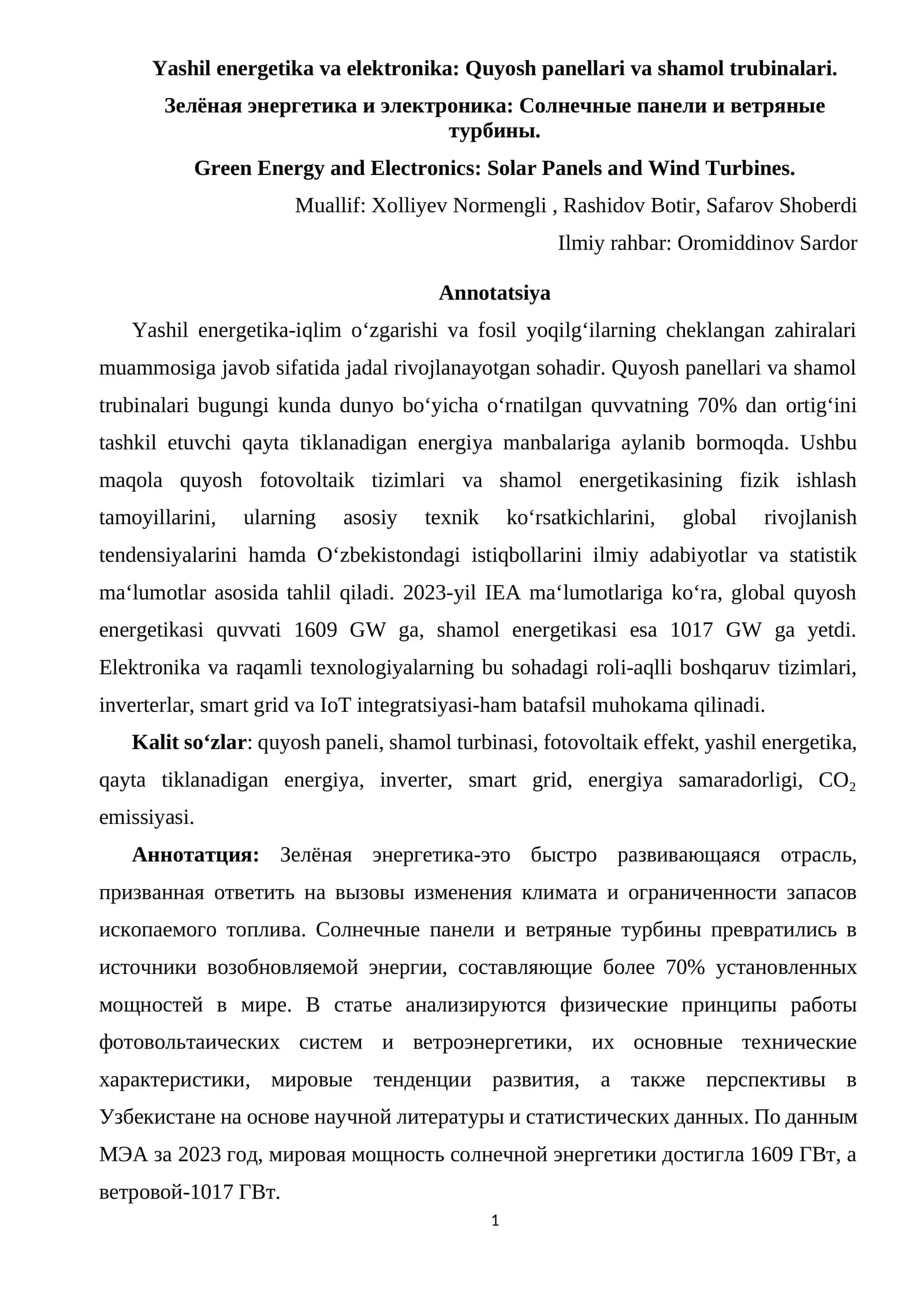 Yashil energetika va elektronika: Quyosh panellari va shamol trubinalari