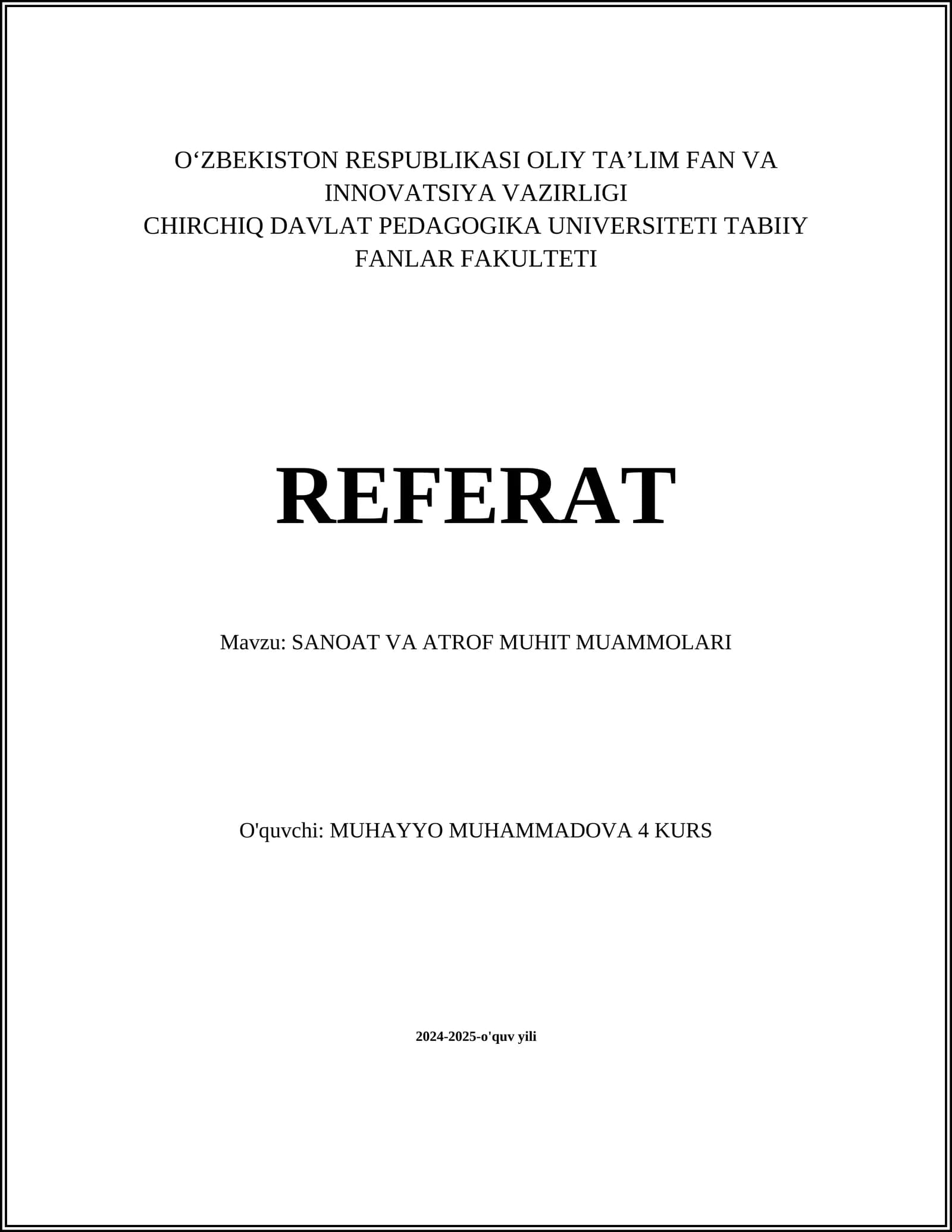 SANOAT VA ATROF MUHIT MUAMMOLARI