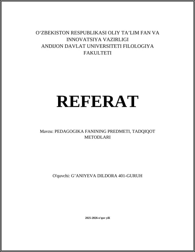Pedagogika fanining predmeti, tadqiqot metodlari