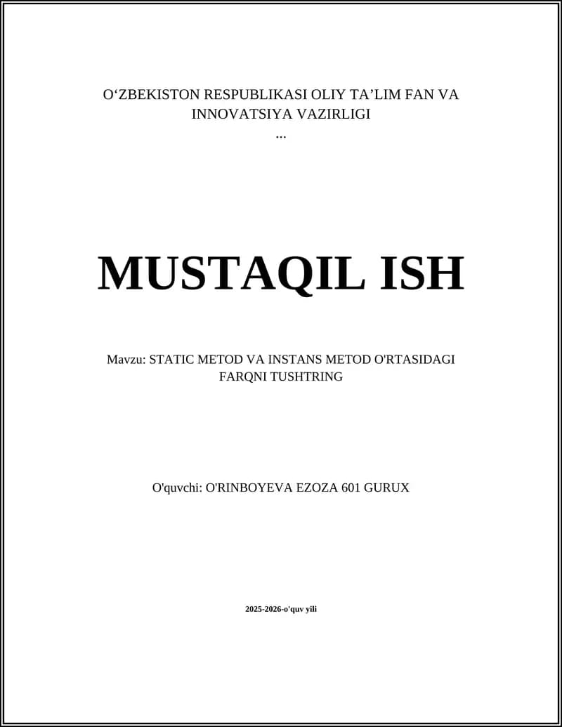 STATIC METOD VA INSTANS METOD O'RTASIDAGI FARQNI TUSHTRING