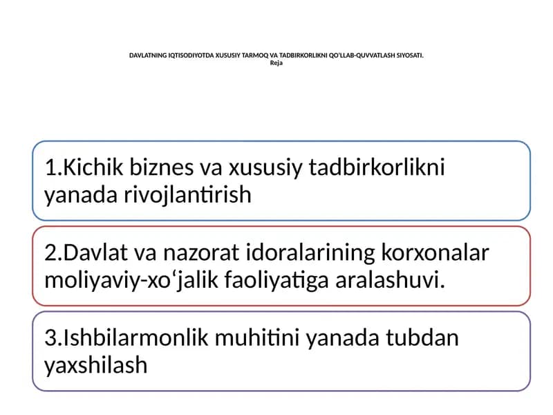 DAVLATNING IQTISODIYOTDA XUSUSIY TARMOQ VA TADBIRKORLIKNI QO‘LLAB-QUVVATLASH SIYOSATI