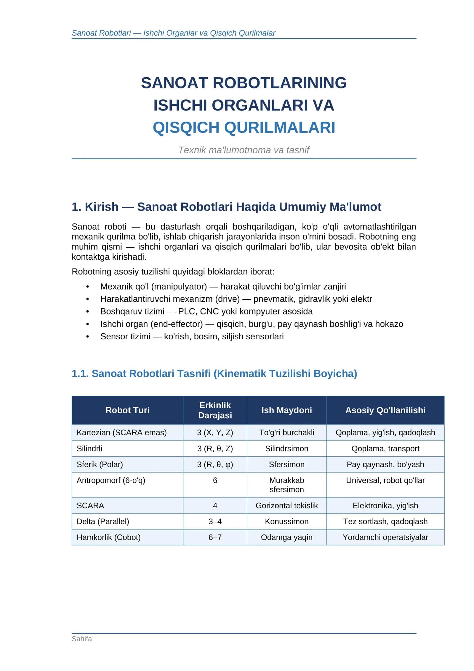 Sanoat Robotlari — Ishchi Organlar va Qisqich Qurilmalar