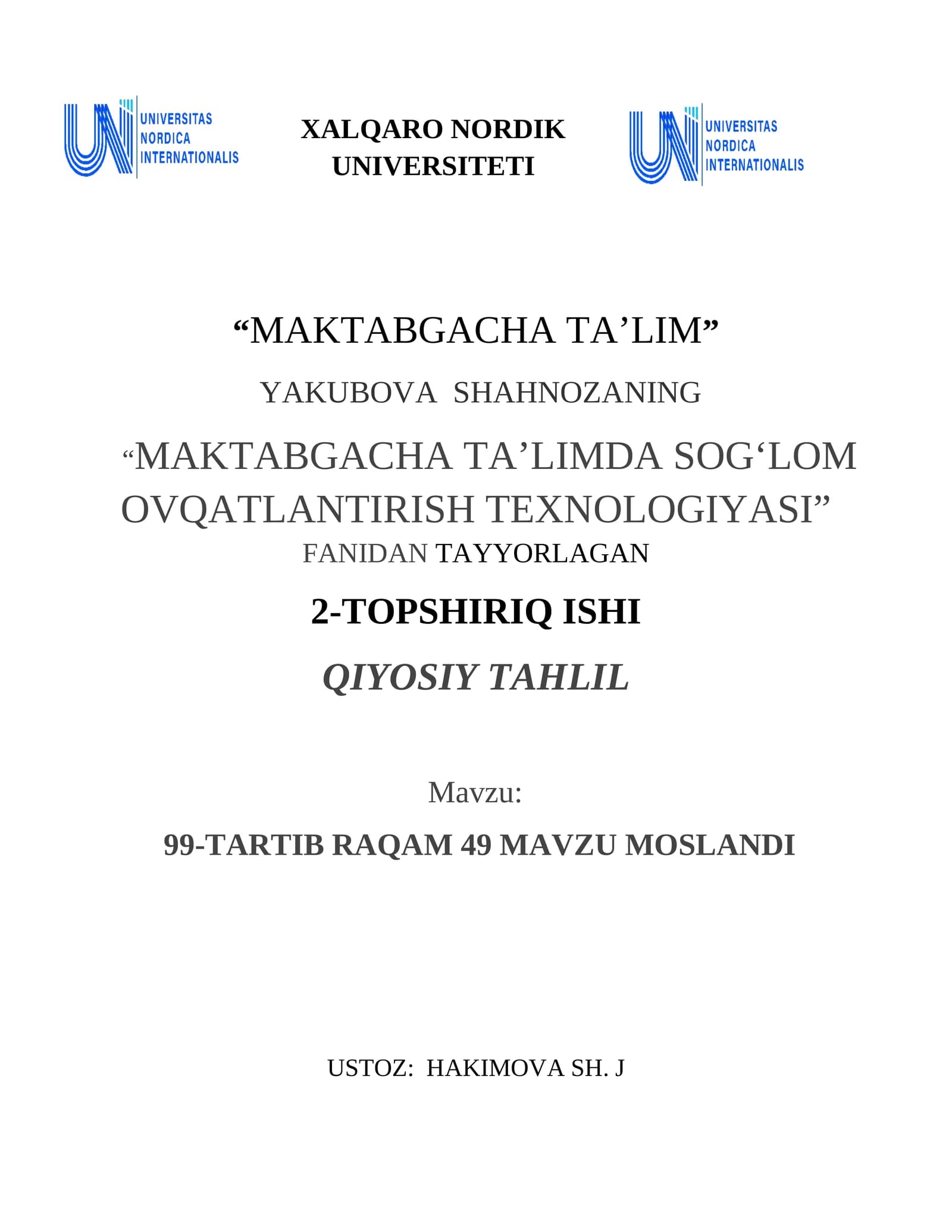 MAKTABGACHA TA’LIMDA SOG‘LOM OVQATLANTIRISH TEXNOLOGIYASI