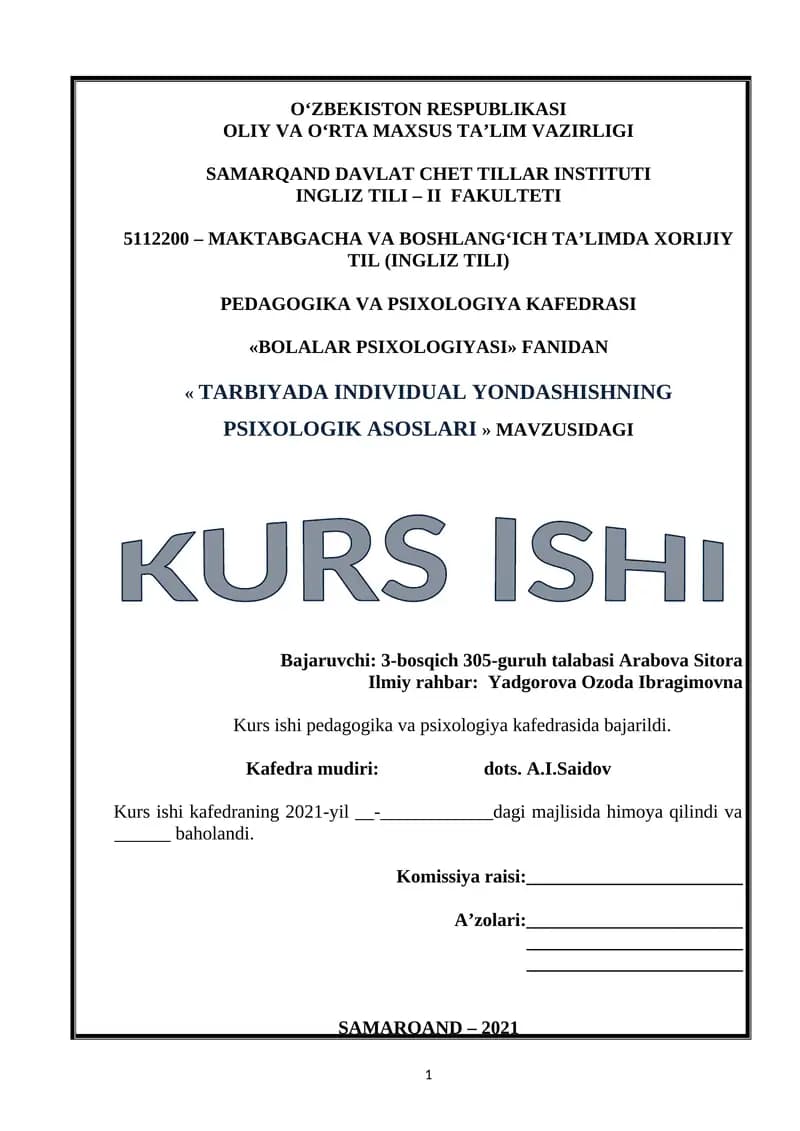 "Tarbiyada Individual Yondashishning Psixologik Asoslari" Kurs Ishi