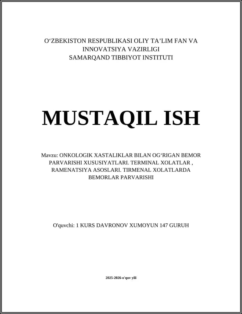ONKOLOGIK XASTALIKLAR BILAN OGʻRIGAN BEMOR PARVARISHI XUSUSIYATLARI