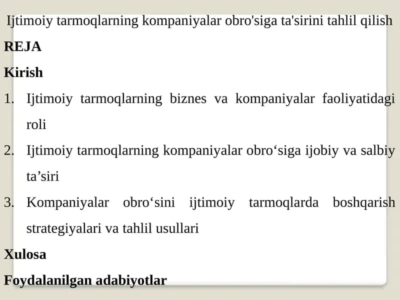 Ijtimoiytarmoqlarning kompaniyalar obro'si ta'siri