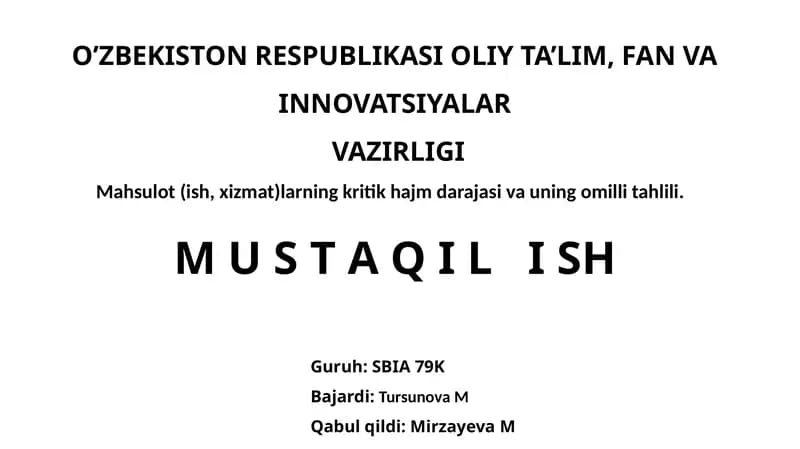 Mahsulot (ish, xizmat)larning kritik hajm darajasi va uning omilli tahlili.