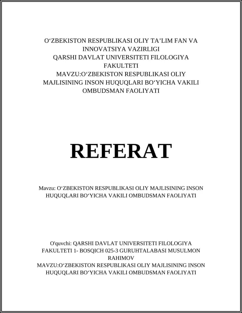 Oʻzbekiston Respublikasi Oliy Majlisining Inson Huquqlari boʻyicha Vakili Ombudsman Faoliyati