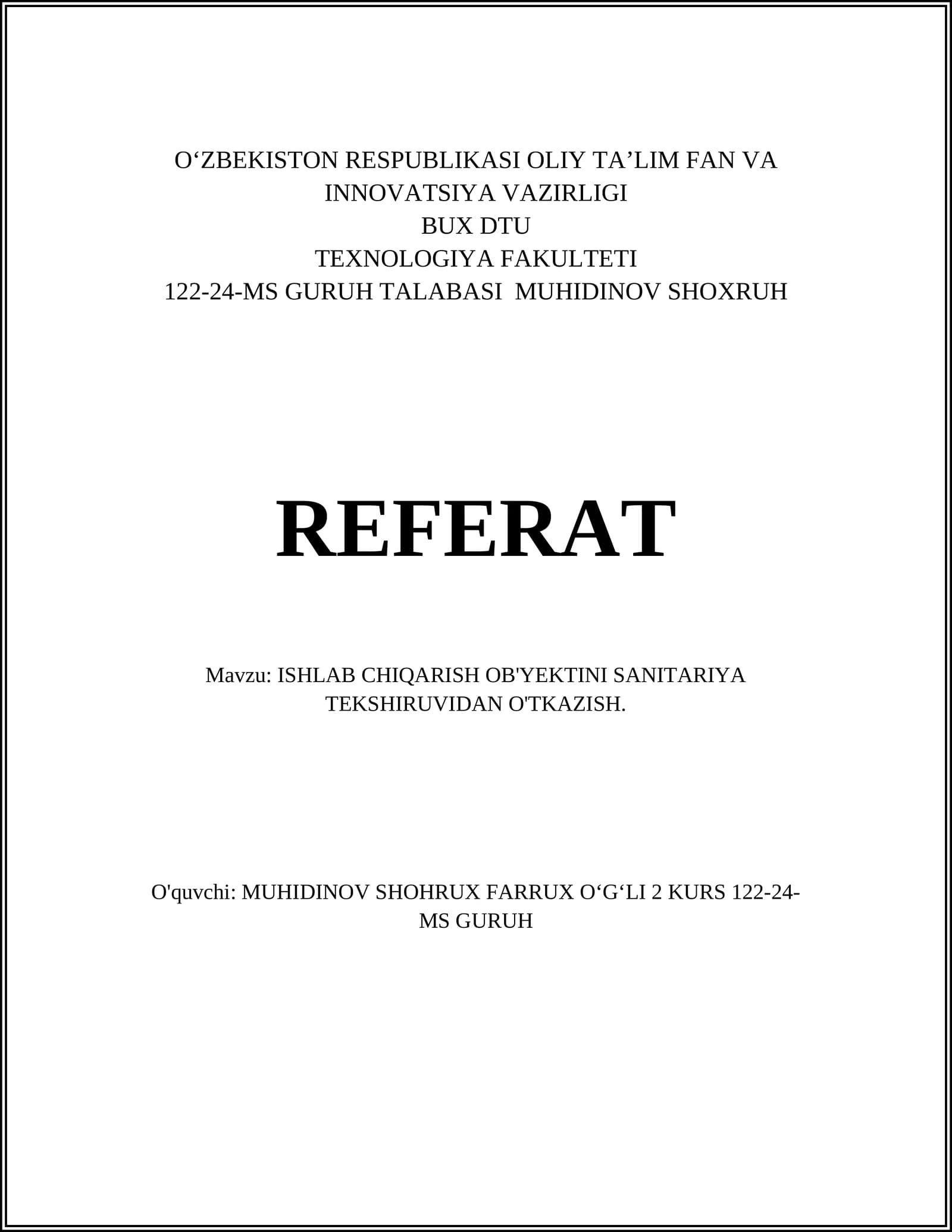 ISHLAB CHIQARISH OB'YEKTINI SANITARIYA TEKSHIRUVIDAN O'TKAZISH