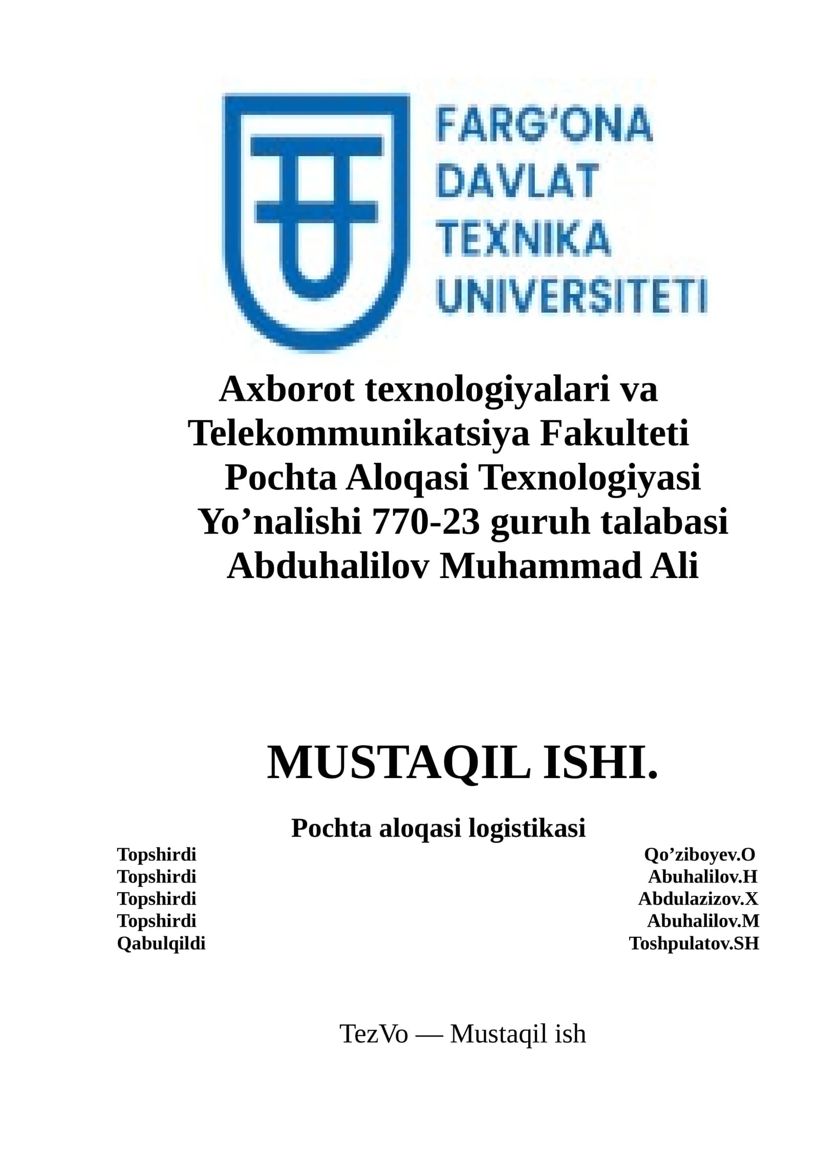 TezVo pochta xizmatini tashkil etish (Vodiy hududi uchun)