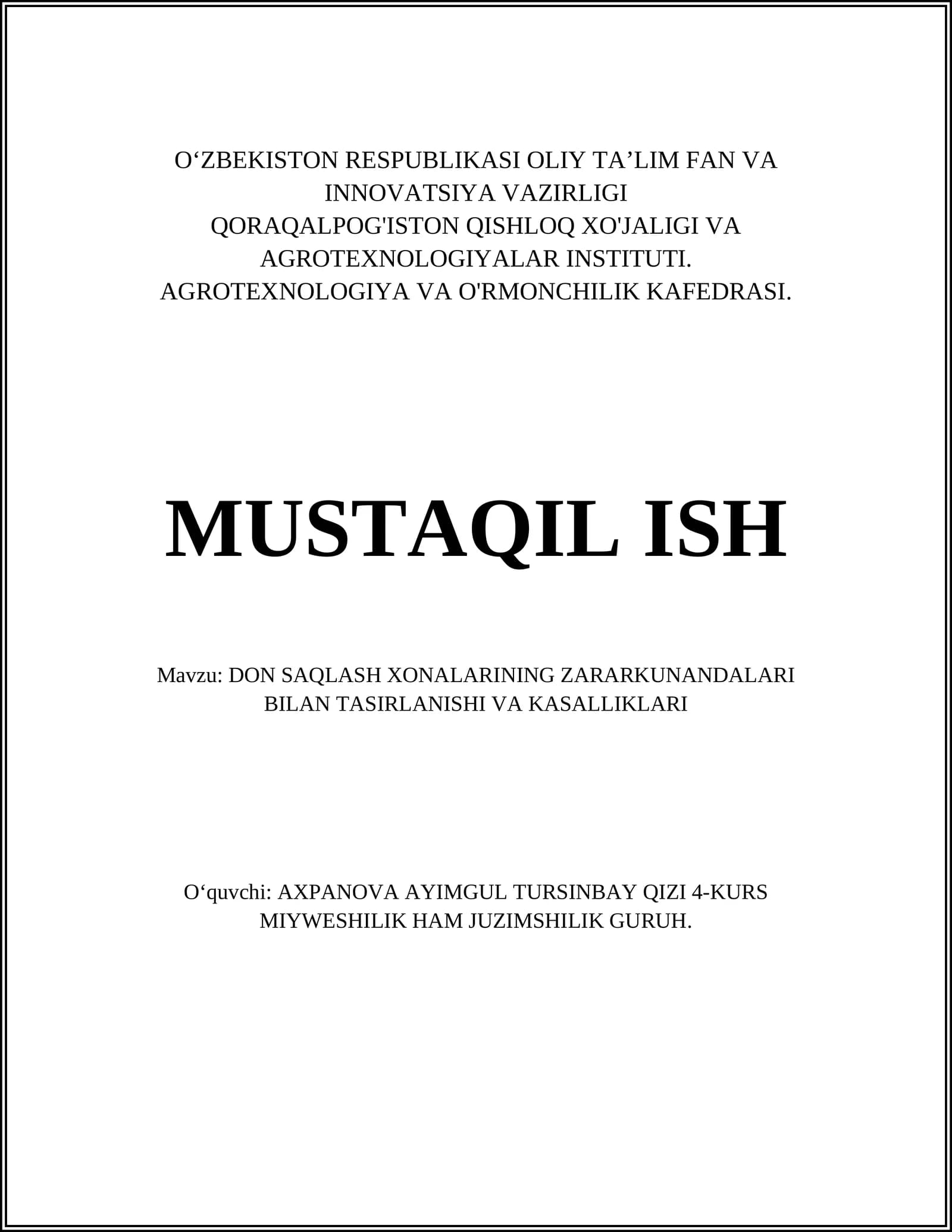 DON SAQLASH XONALARINING ZARARKUNANDALARI BILAN TASIRLANISHI VA KASALLIKLARI