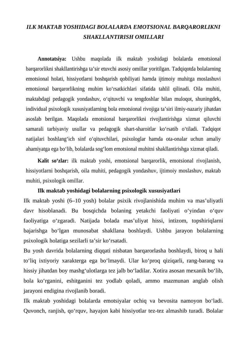 ILK MAKTAB YOSHIDAGI BOLALARDA EMOTSIONAL BARQARORLIKNI SHAKLLANTIRISH OMILLARI