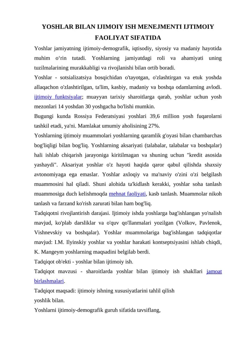 Yoshlar bilan Ijimoiy Ish Menejmenti Ijtimoiy Faoliyat Sifatida