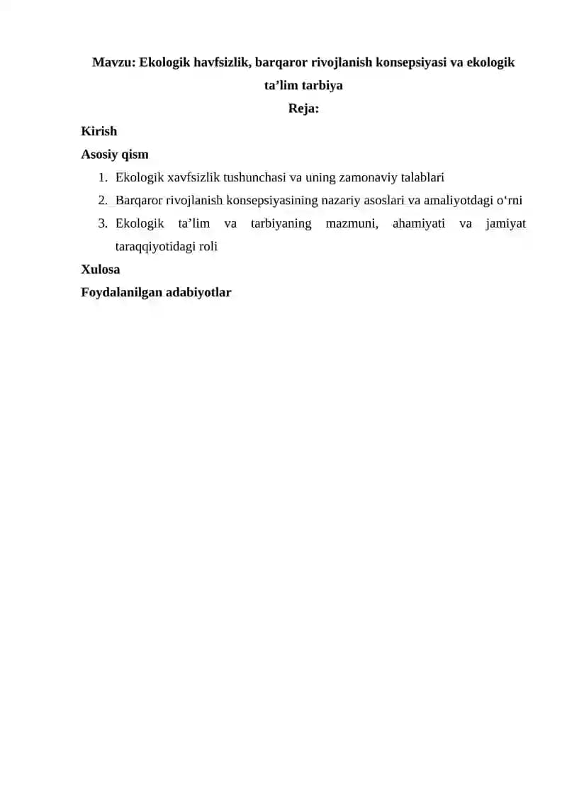 Ekologik havfsizlik, barqaror rivojlanish konsepsiyasi va ekologik ta’lim tarbiya