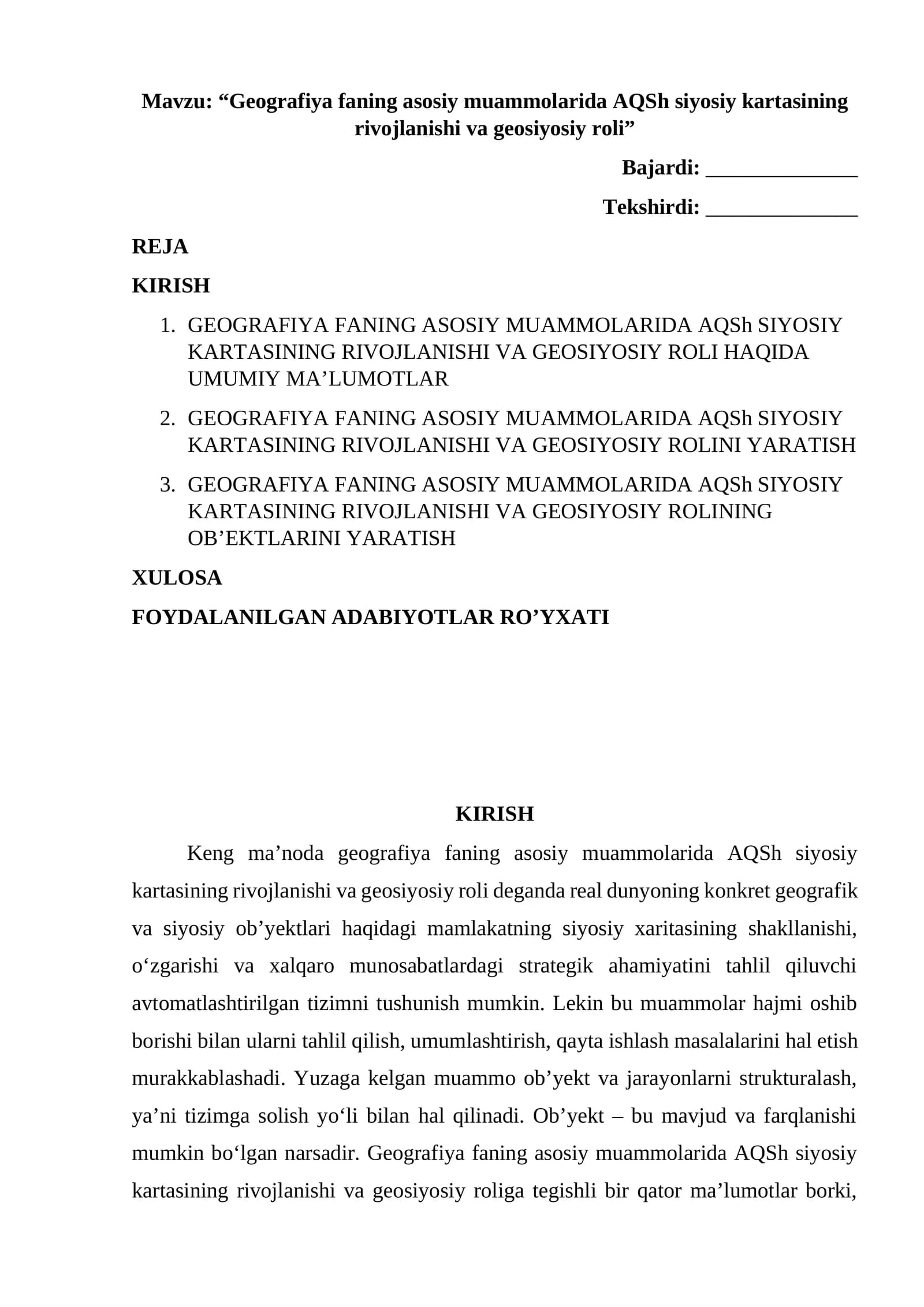 “Geografiya faning asosiy muammolarida AQSh siyosiy kartasining rivojlanishi va geosiyosiy roli”