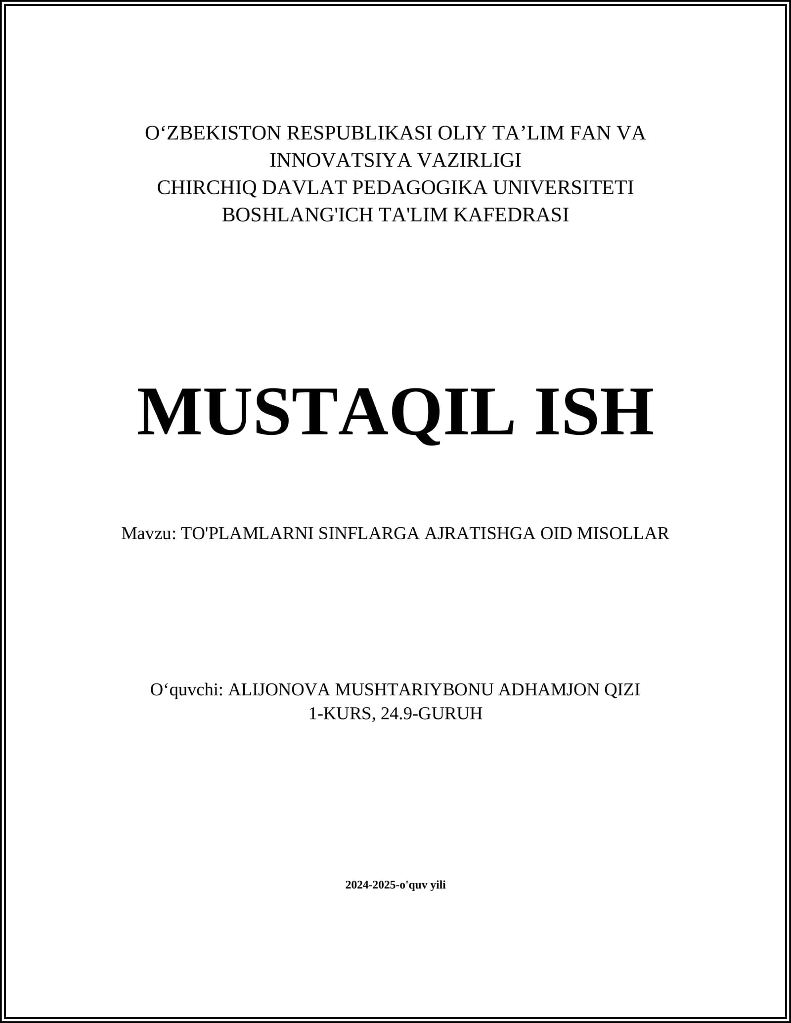 TO'PLAMLARNI SINFLARGA AJRATISHGA OID MISOLLAR