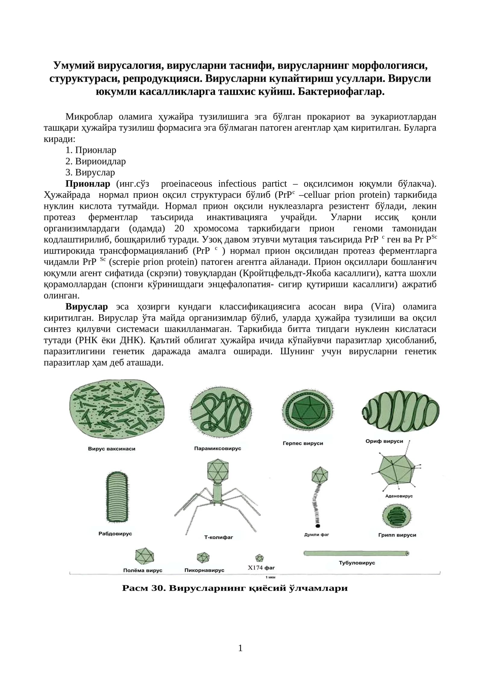 Умумий вирусалогия, вирусларни таснифи, вирусларнинг морфологияси, стуруктураси, репродукцияси. Вирусларни купайтириш усуллари. Вирусли юкумли касалликларга ташхис куйиш. Бактериофаглар