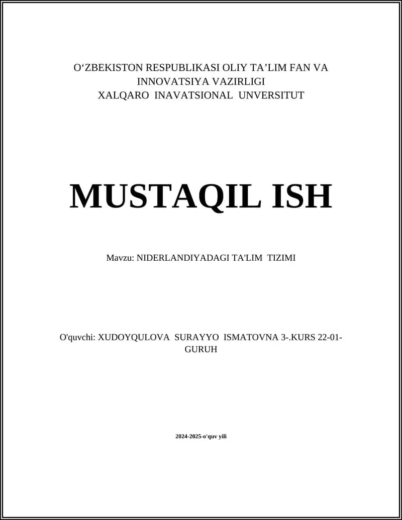 NIDERLANDIYADAGI TA'LIM TIZIMI