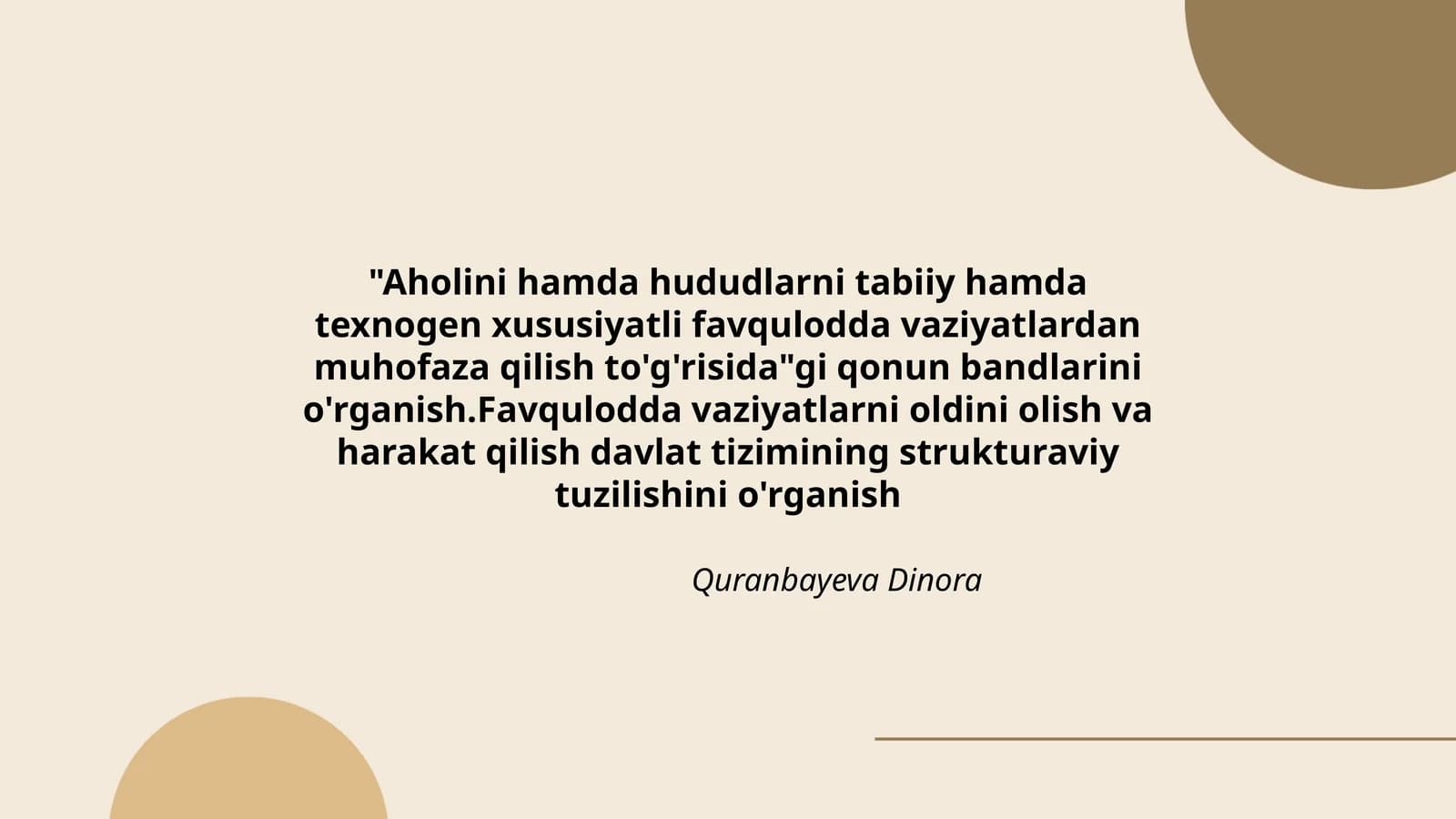 "Aholini hamda hududlarni tabiiy hamda texnogen xususiyatli favqulodda vaziyatlardan muhofaza qilish to'g'risida"gi qonun bandlarini o'rganish