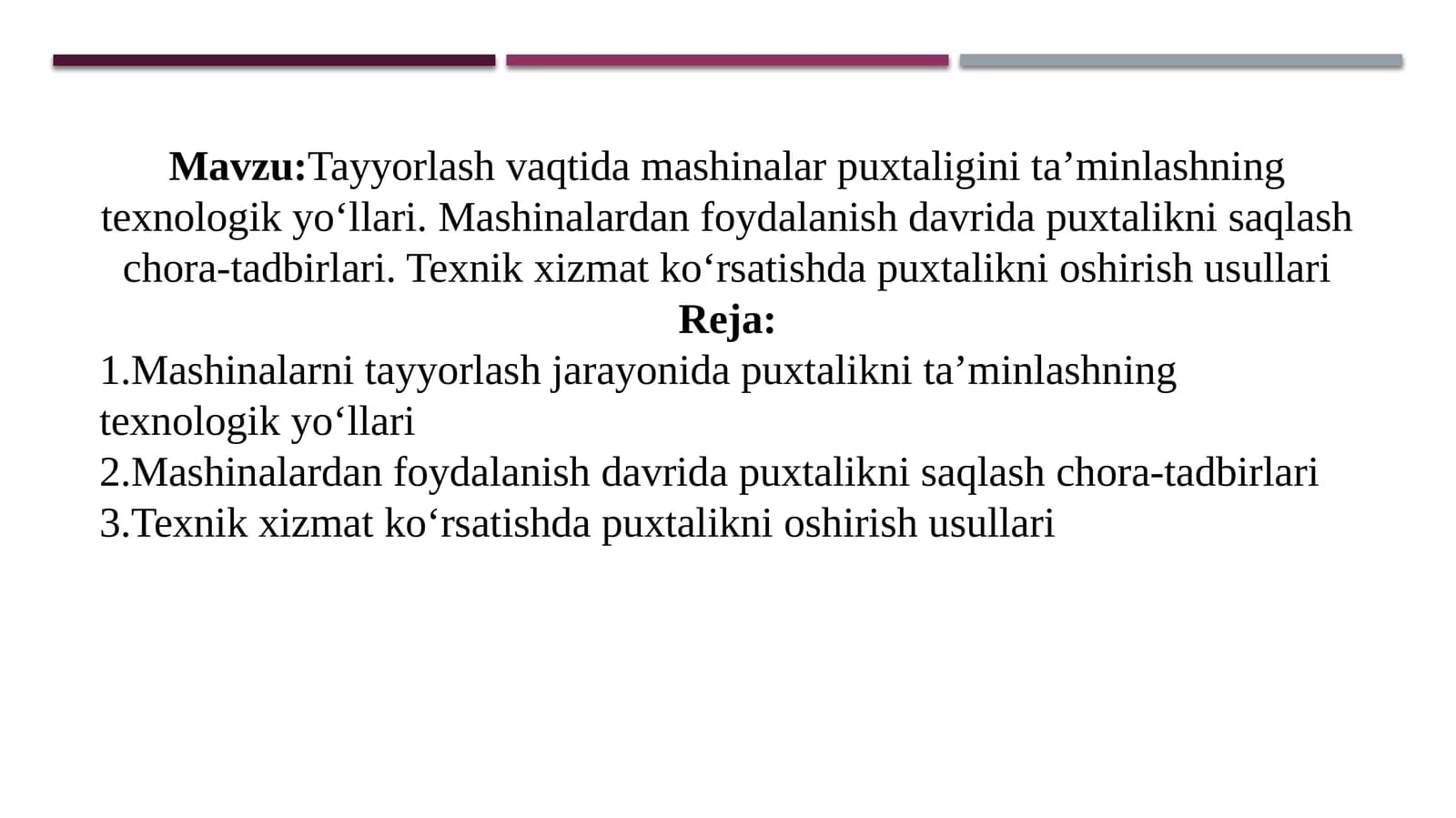 Tayyorlash vaqtida mashinalar puxtaligini ta'minlashning texnologik yo'llari. Mashinalardan foydalanish davrida puxtalikni saqlash chora-tadbirlari. Texnik xizmat ko'rsatishda puxtalikni oshirish usullari