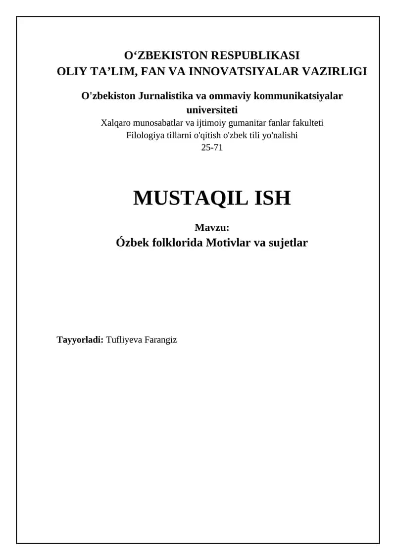 O'zbek Folklorida Motivlar va Sujetlar
