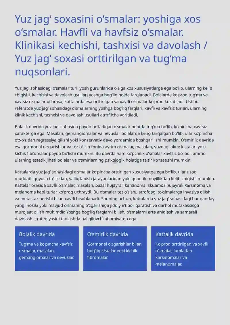 Yuz jag‘ soxasini o‘smalar: yoshiga xos o‘smalar