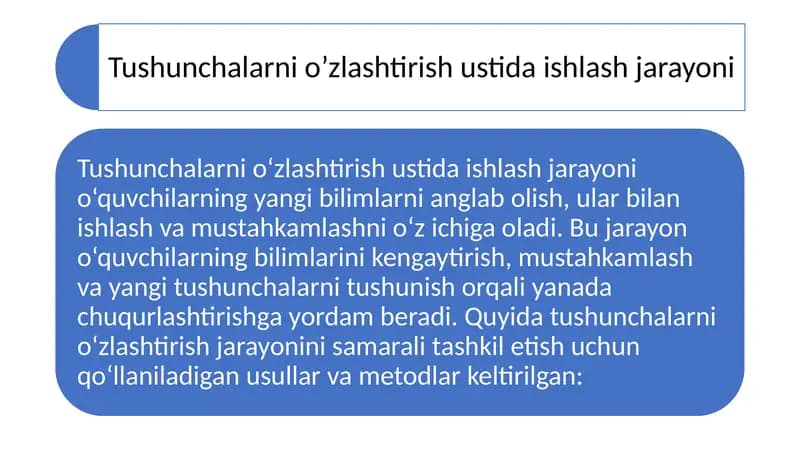 Tushunchalarni o’zlashtirish ustida ishlash jarayoni