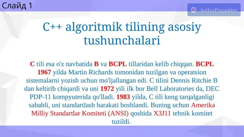 C++ algoritmik tilining asosiy tushunchalari