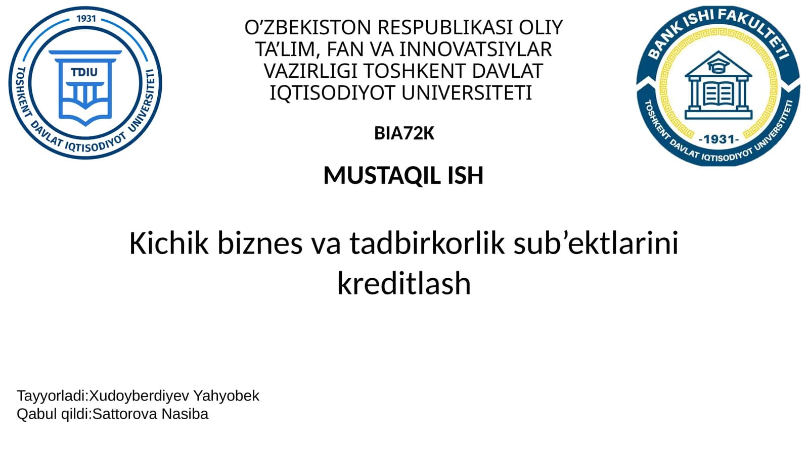 Kichik biznes va tadbirkorlik sub’ektlarini kreditlash