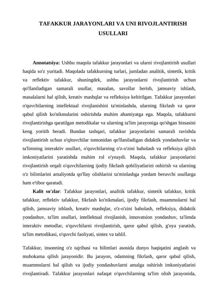 TAFAKKUR JARAYONLARI VA UNI RIVOJLANTIRISH USULLARI