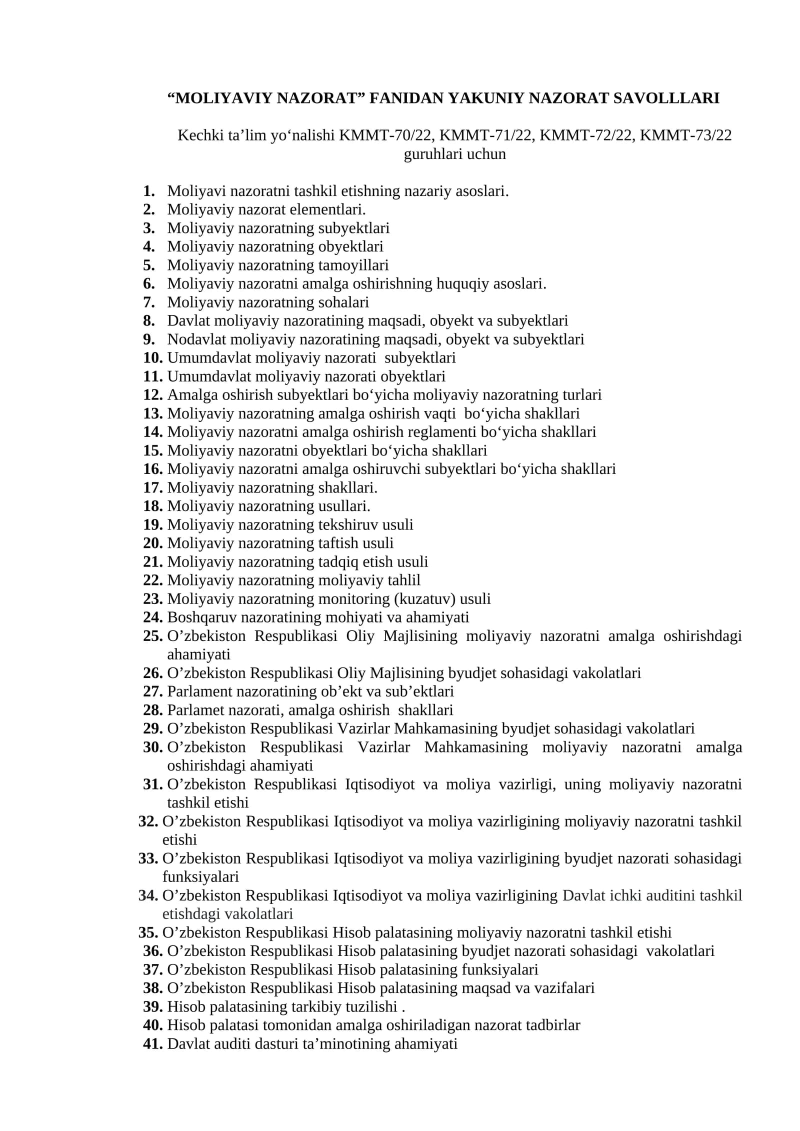 Moliyaviy Nazorat Fanidan Yakuniy Nazorat Savollari 2026