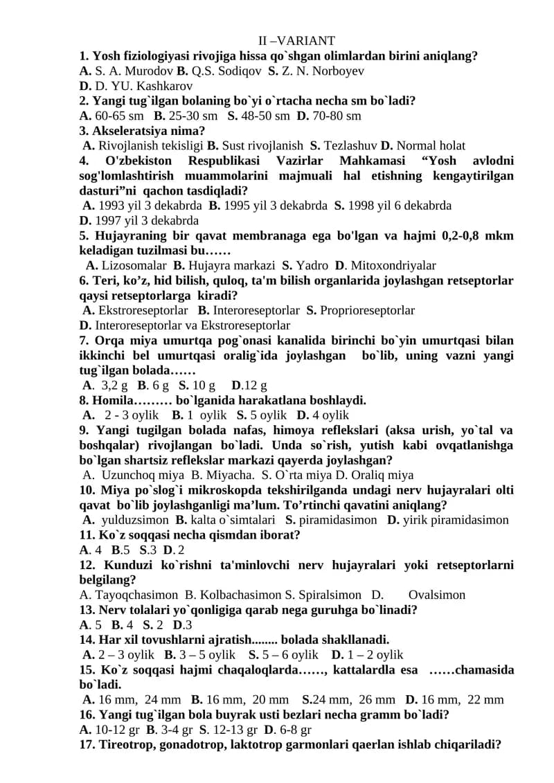 Yosh fiziologiyasi variant savollari