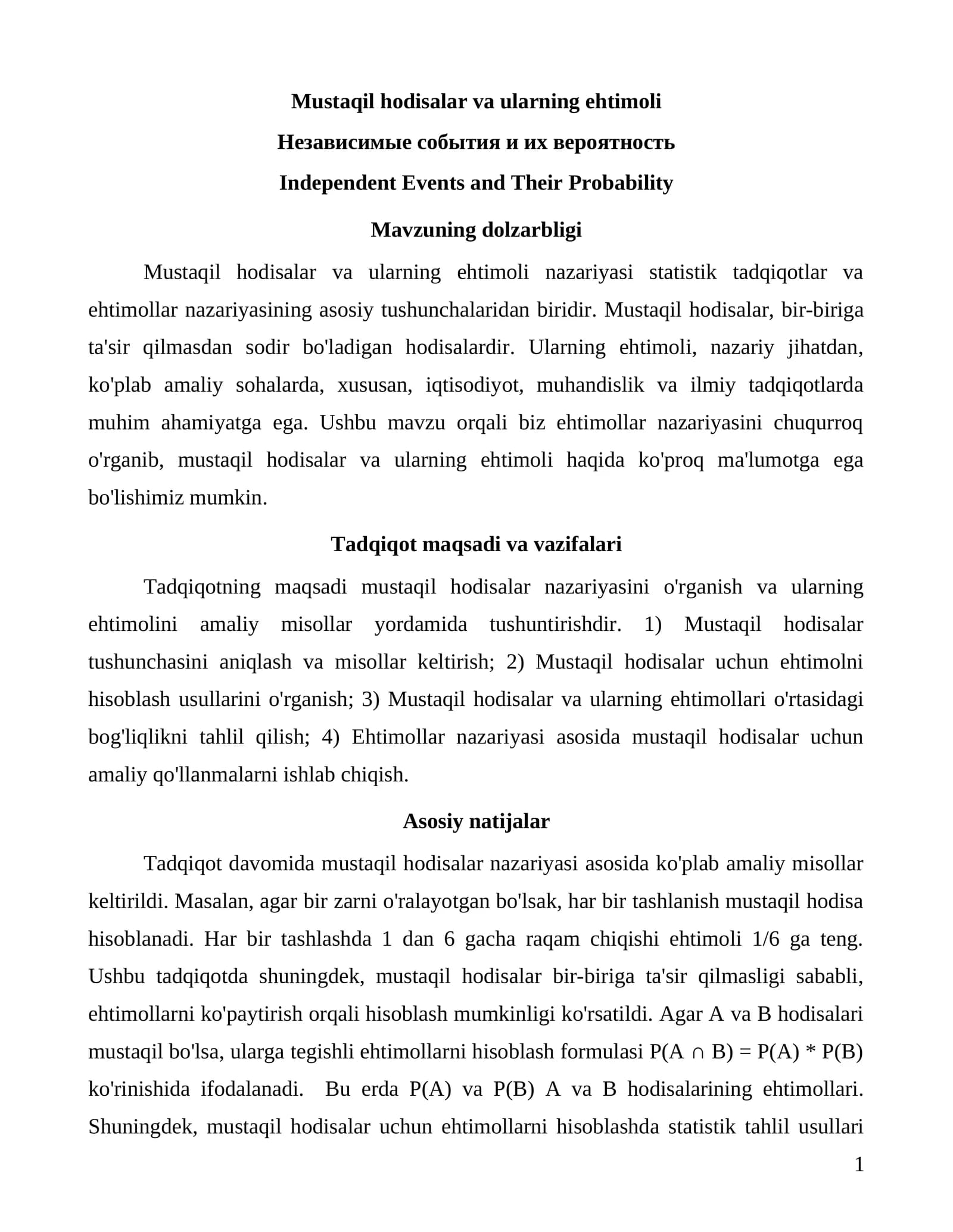 Mustaqil hodisalar va ularning ehtimoli